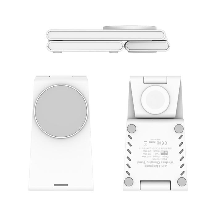 OEM - M10 3-i-1 Magnetisk Trådlös Laddare för iPhone 12/13/14/15 - Vit/Grå