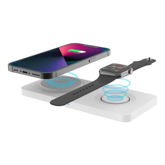 OEM - M13 2-i-1 Magnetisk Trådlös Laddare för AirPods/iPhone/Apple Watch - Vit+Grå