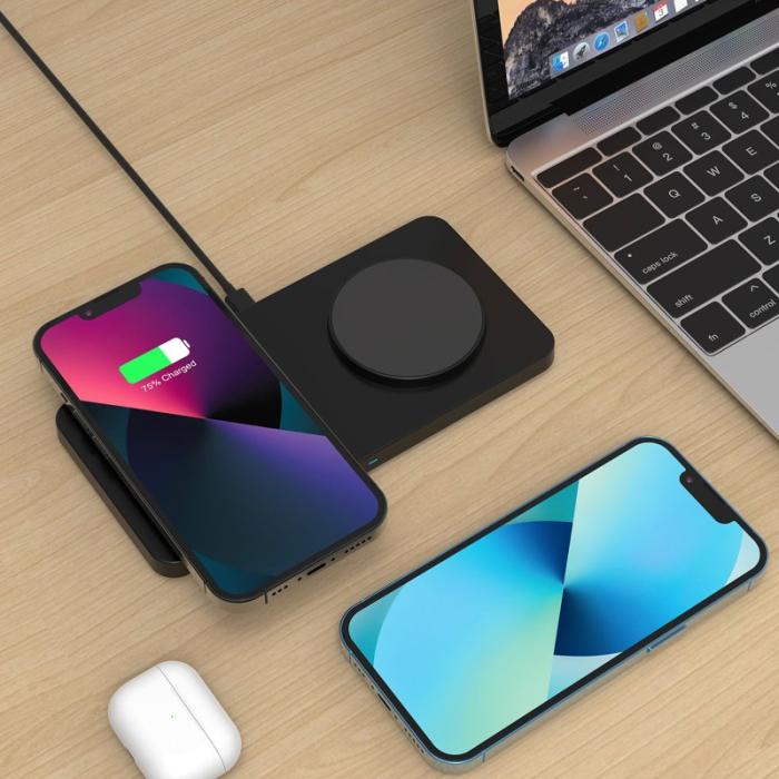 OEM - M15 30W 2 i 1 Magnetisk Trådlös Laddare för Telefon och Hörlurar - Svart