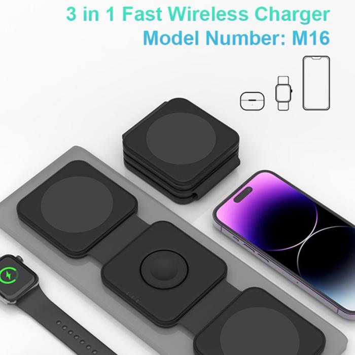 OEM - M16 3-i-1 15W Magnetisk Trådlös Laddare för iPhone, AirPods, iWatch - Svart