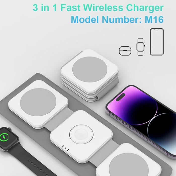 OEM - M16 3-i-1 15W magnetisk trådlös laddare för iPhone, AirPods, iWatch - Vit/Grey