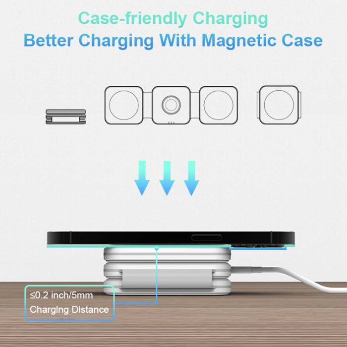 OEM - M16 3-i-1 15W magnetisk trådlös laddare för iPhone, AirPods, iWatch - Vit/Grey