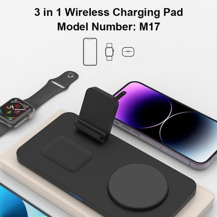 OEM - M17 3-i-1 15W magnetisk trådlös laddare för iPhone, iWatch, AirPods - Svart