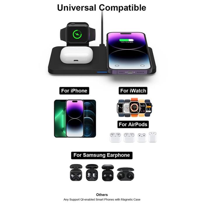 OEM - M17 3-i-1 15W magnetisk trådlös laddare för iPhone, iWatch, AirPods - Svart