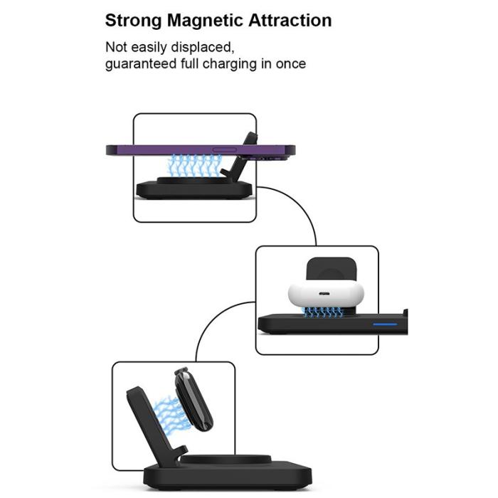 OEM - M17 3-i-1 15W magnetisk trådlös laddare för iPhone, iWatch, AirPods - Svart