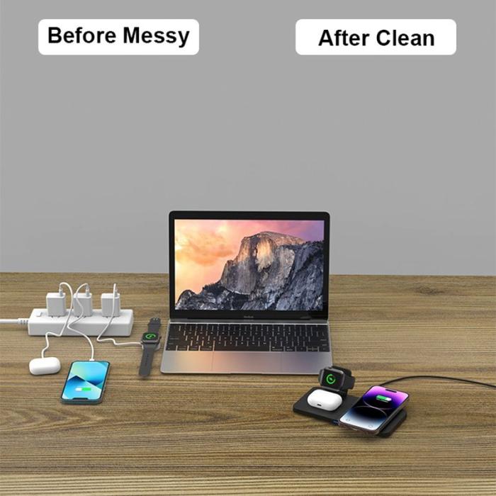 OEM - M17 3-i-1 15W magnetisk trådlös laddare för iPhone, iWatch, AirPods - Svart