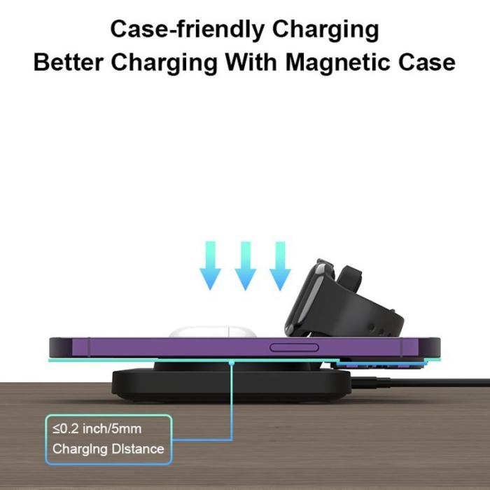 OEM - M17 3-i-1 15W magnetisk trådlös laddare för iPhone, iWatch, AirPods - Svart