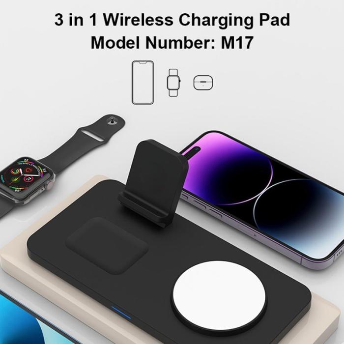 OEM - M17 3-i-1 15W Magnetisk Trådlös Laddare för iPhone, iWatch, AirPods - Svart/Vit