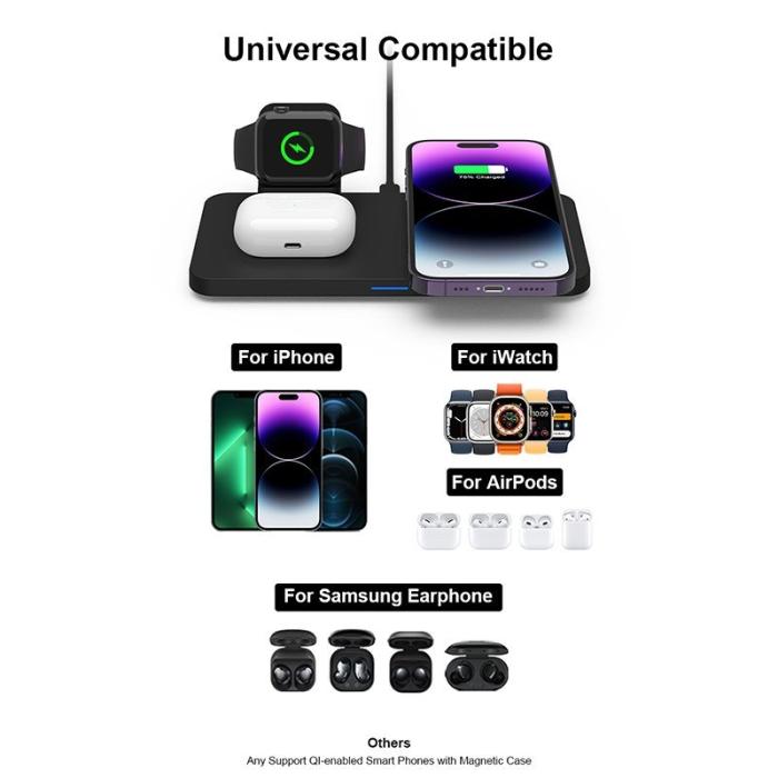 OEM - M17 3-i-1 15W Magnetisk Trådlös Laddare för iPhone, iWatch, AirPods - Svart/Vit