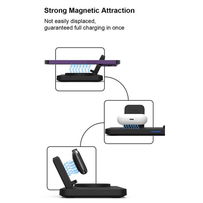 OEM - M17 3-i-1 15W Magnetisk Trådlös Laddare för iPhone, iWatch, AirPods - Svart/Vit