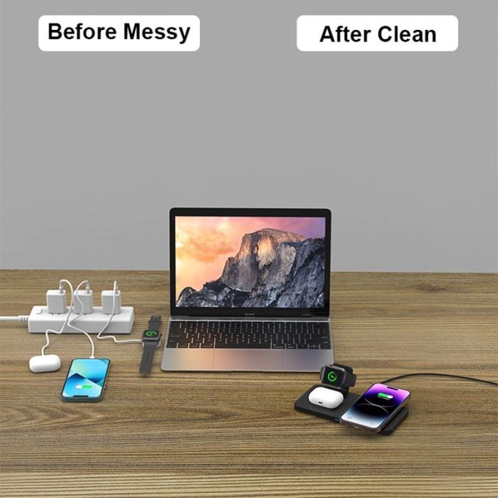 OEM - M17 3-i-1 15W Magnetisk Trådlös Laddare för iPhone, iWatch, AirPods - Svart/Vit