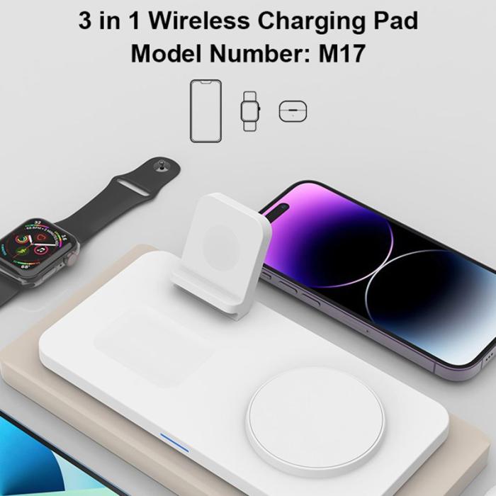 OEM - M17 3-i-1 15W magnetisk trådlös laddare för iPhone, iWatch, AirPods - Vit