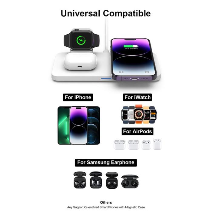 OEM - M17 3-i-1 15W magnetisk trådlös laddare för iPhone, iWatch, AirPods - Vit