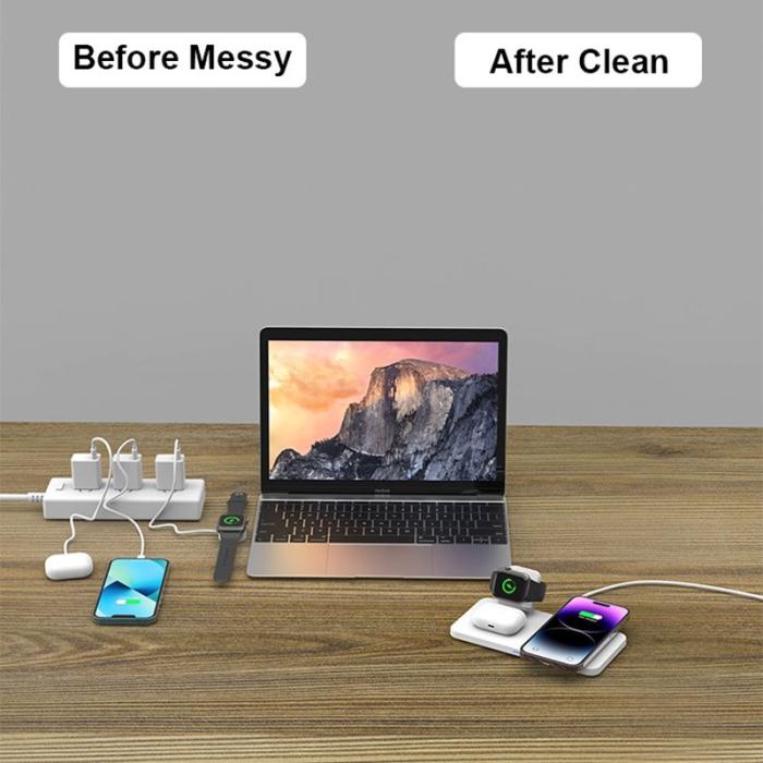 OEM - M17 3-i-1 15W magnetisk trådlös laddare för iPhone, iWatch, AirPods - Vit