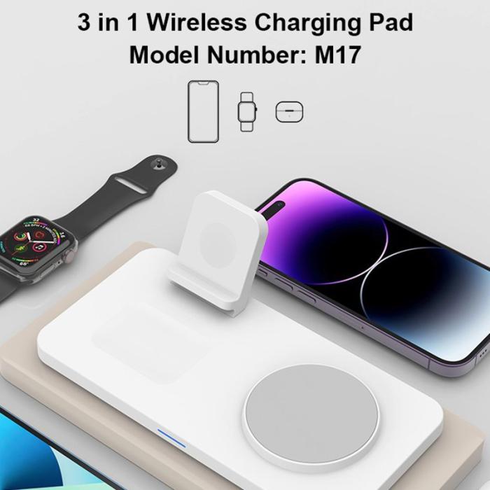 OEM - M17 3-i-1 15W MagSafe trådlös laddare för iPhone, iWatch, AirPods - Vit/Grå