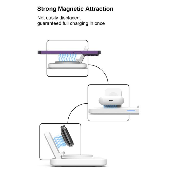 OEM - M17 3-i-1 15W MagSafe trådlös laddare för iPhone, iWatch, AirPods - Vit/Grå
