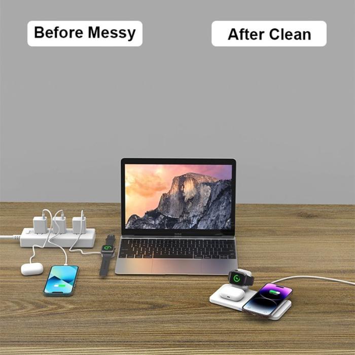 OEM - M17 3-i-1 15W MagSafe trådlös laddare för iPhone, iWatch, AirPods - Vit/Grå