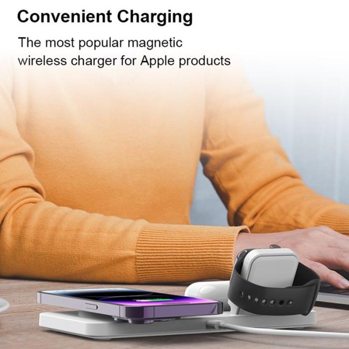 OEM - M17 3-i-1 15W MagSafe trådlös laddare för iPhone, iWatch, AirPods - Vit/Grå