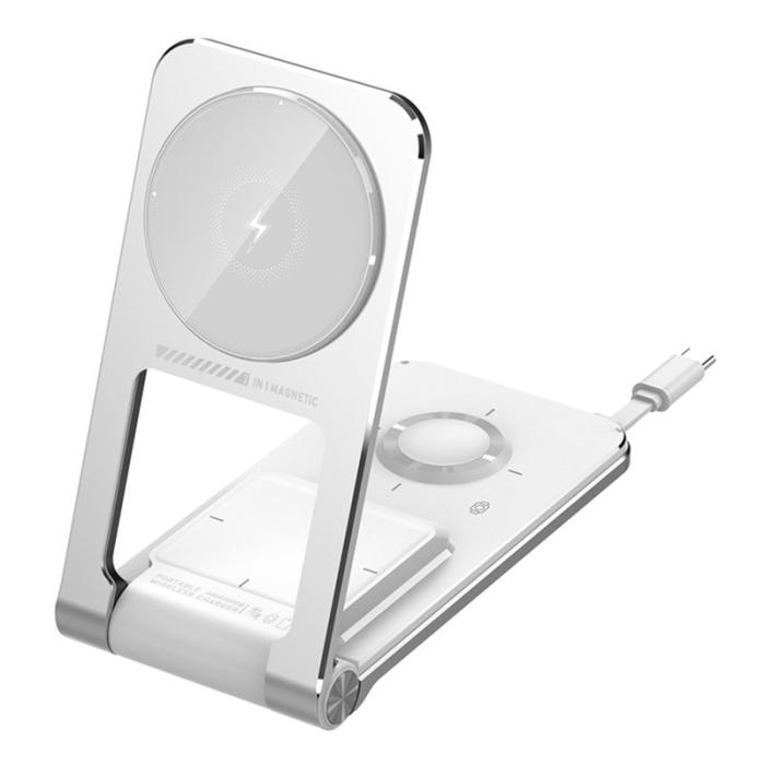 OEM - M2 Fällbar 3-i-1 Telefonställning Magnetisk Trådlös Laddare 15W - Vit