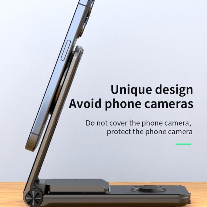 OEM - M2 Fällbar 3-i-1 Telefonställning Magnetisk Trådlös Laddare 15W - Vit