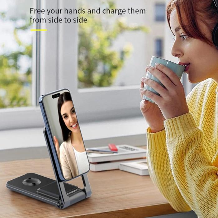 OEM - M2 Fällbar 3-i-1 Telefonställning Magnetisk Trådlös Laddare 15W - Vit