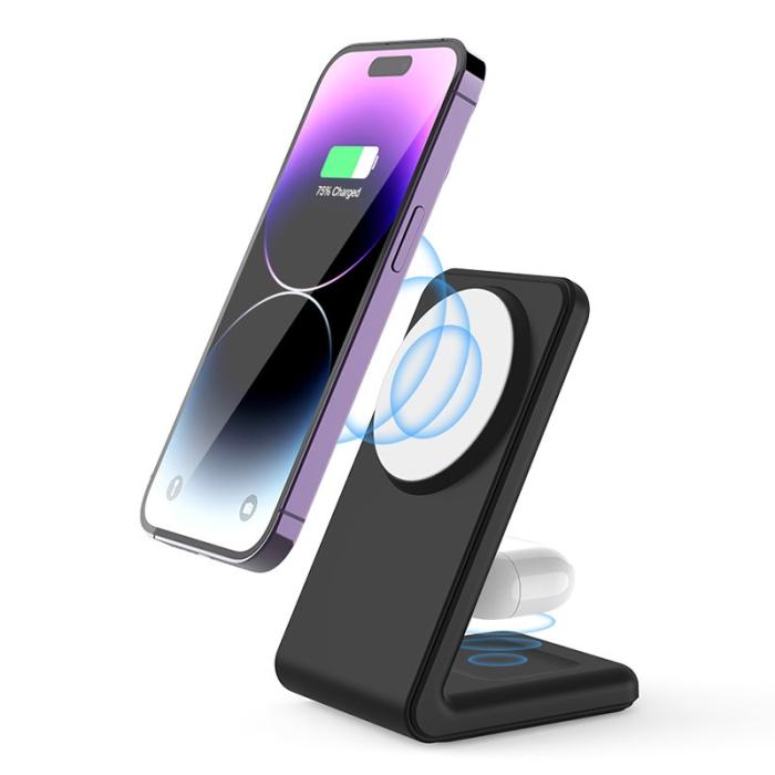 OEM - M2A 2-i-1 Magnetisk Trådlös Laddare Vertikal Ställning - Svart/Vit Silikon