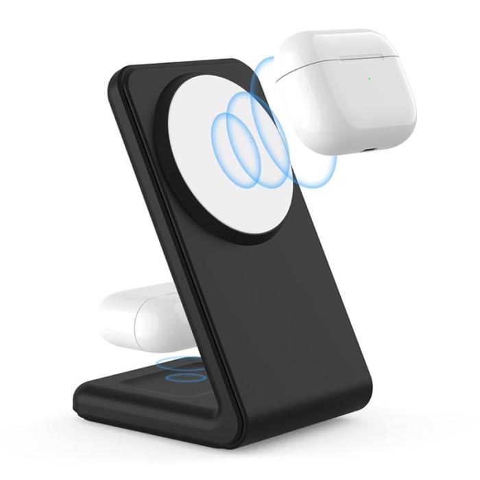 OEM - M2A 2-i-1 Magnetisk Trådlös Laddare Vertikal Ställning - Svart/Vit Silikon