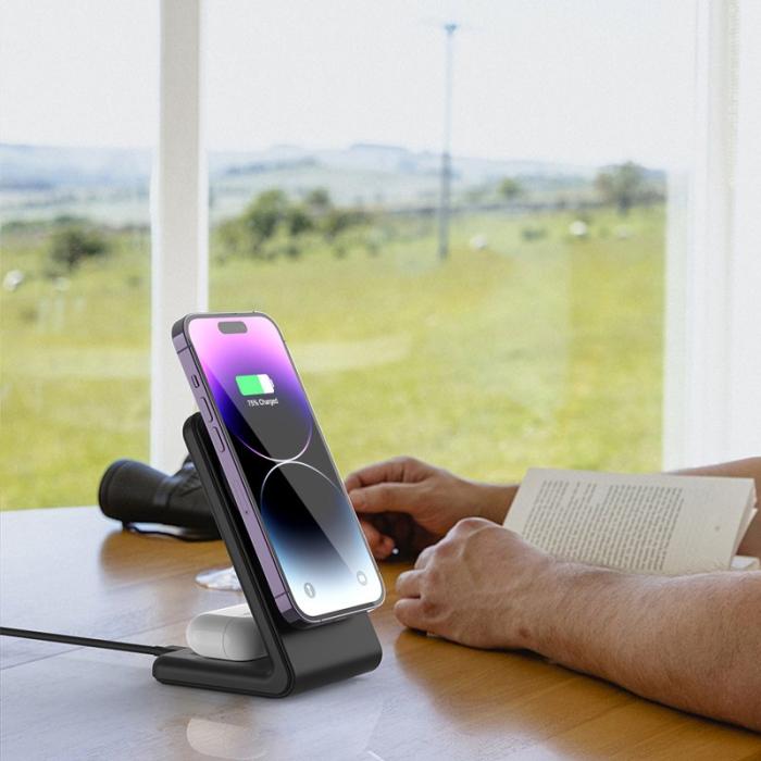 OEM - M2A 2-i-1 Magnetisk Trådlös Laddare Vertikal Ställning - Svart/Vit Silikon