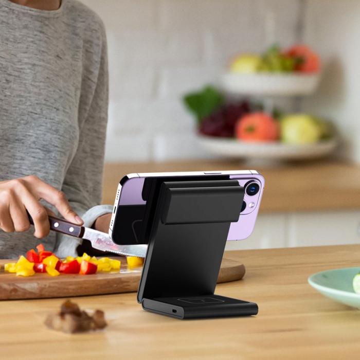 OEM - M5 Fällbar 15W Laddningsställ för iPhone 12-15 / iWatch / AirPods - Svart