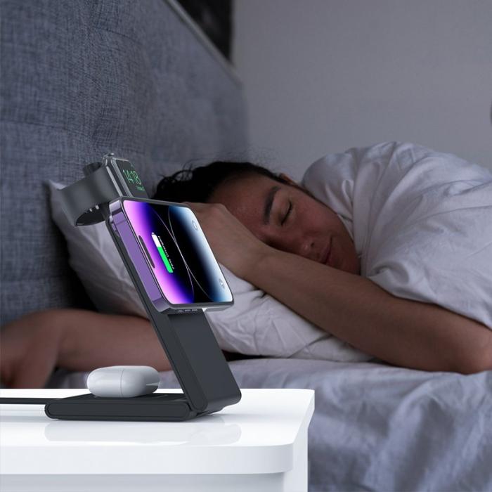 OEM - M5 Fällbar 15W Laddningsställ för iPhone 12-15 / iWatch / AirPods - Svart/Vit