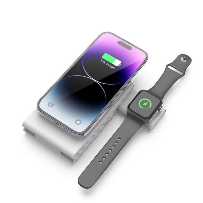 OEM - M5 Fällbar 15W Laddningsställ för iPhone 12-15 / iWatch / AirPods - Vit