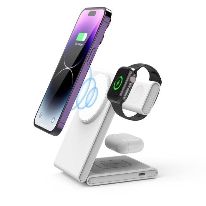 OEM - M5 Fällbar 15W Laddningsställ för iPhone 12-15 / iWatch / AirPods - Vit