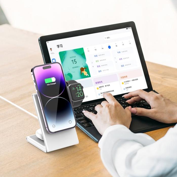 OEM - M5 Fällbar 15W Laddningsställ för iPhone 12-15 / iWatch / AirPods - Vit