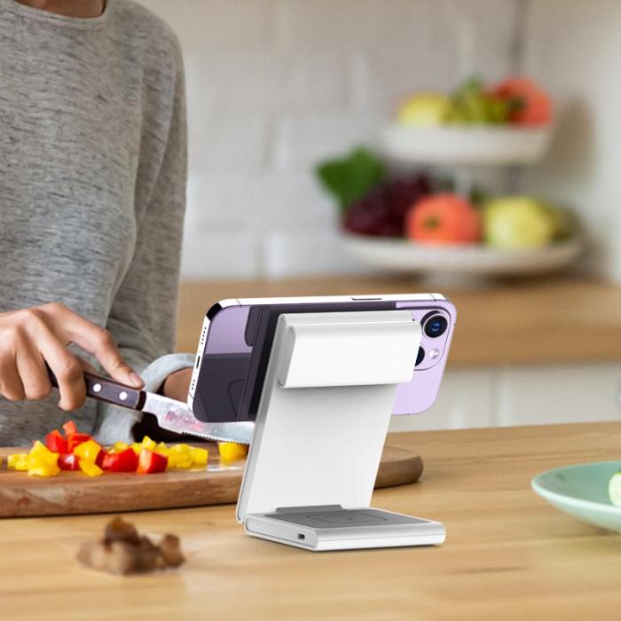 OEM - M5 Fällbar 15W Laddningsställ för iPhone 12-15 / iWatch / AirPods - Vit+Grå