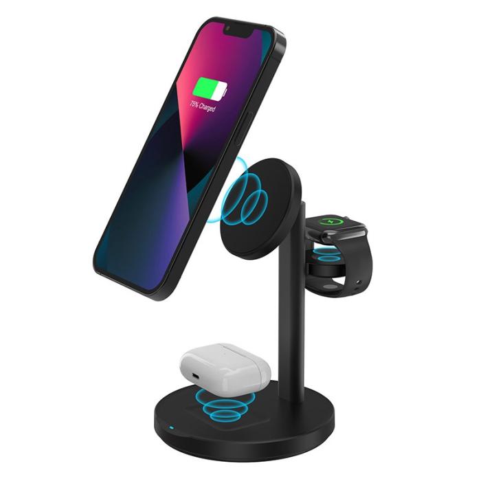 OEM - M9 MagSafe Trådlös Laddare 3-i-1 15W Magnetisk Ställning - Svart