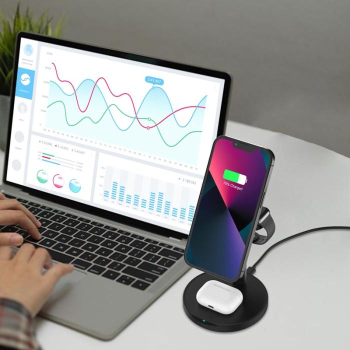 OEM - M9 MagSafe Trådlös Laddare 3-i-1 15W Magnetisk Ställning - Svart