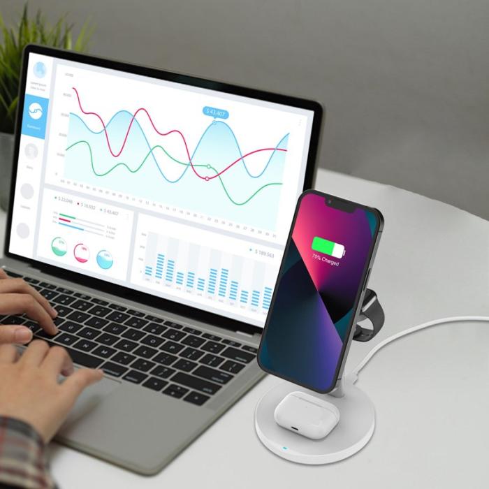 OEM - M9 MagSafe Trådlös Laddare 3-i-1 15W Magnetisk Ställning - Vit