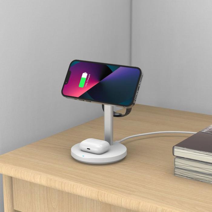 OEM - M9 MagSafe Trådlös Laddare 3-i-1 15W Magnetisk Ställning - Vit