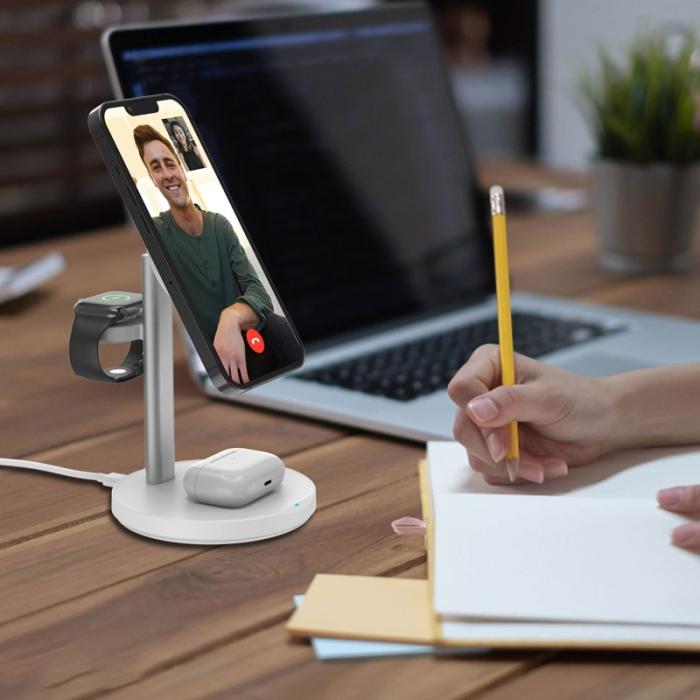 OEM - M9 MagSafe Trådlös Laddare 3-i-1 15W Magnetisk Ställning - Vit