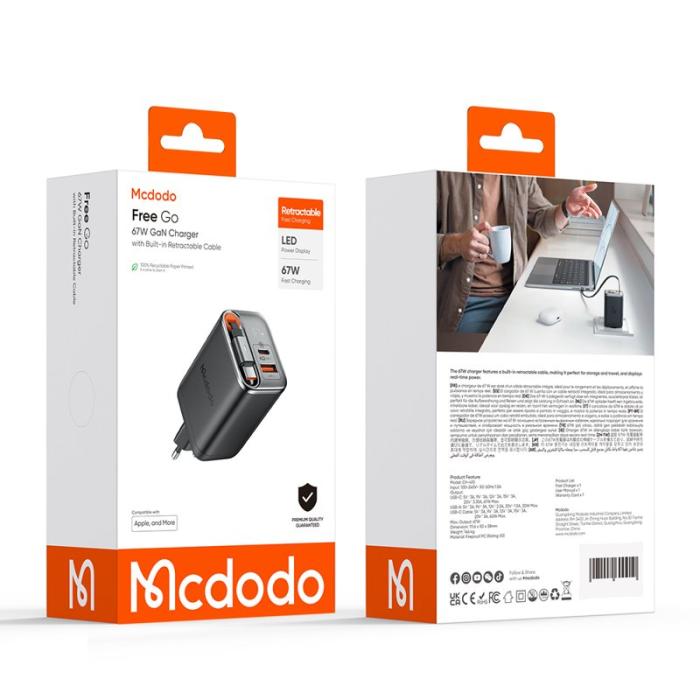 OEM - MCDODO CH-410 FreeGo 67W GaN-laddare med inbyggd kabel, EU-kontakt - Svart