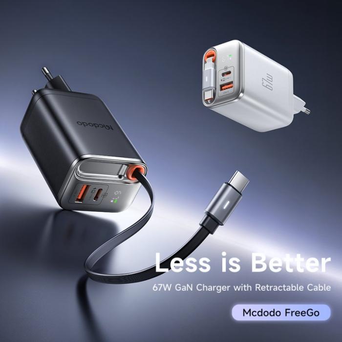 OEM - MCDODO CH-410 FreeGo 67W GaN Laddare USB-C USB-A med inbyggd kabel, Vit