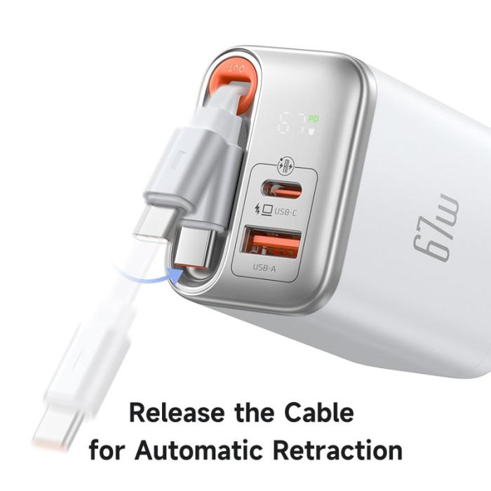 OEM - MCDODO CH-410 FreeGo 67W GaN Laddare USB-C USB-A med inbyggd kabel, Vit