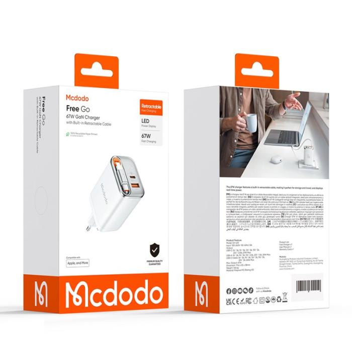 OEM - MCDODO CH-410 FreeGo 67W GaN Laddare USB-C USB-A med inbyggd kabel, Vit