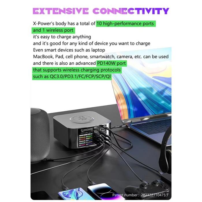 OEM - MECHANIC X-Power 150W USB-laddningsstation Trådlös 10-port digital display