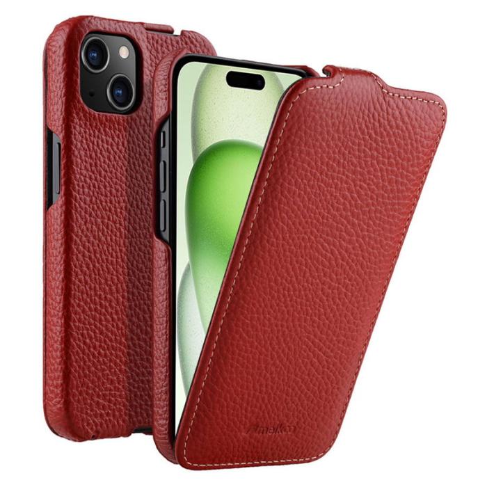 Melkco - MELKCO iPhone 15 Fodral Anti-drop Vertikal Flip Äkta Läder + PC Röd