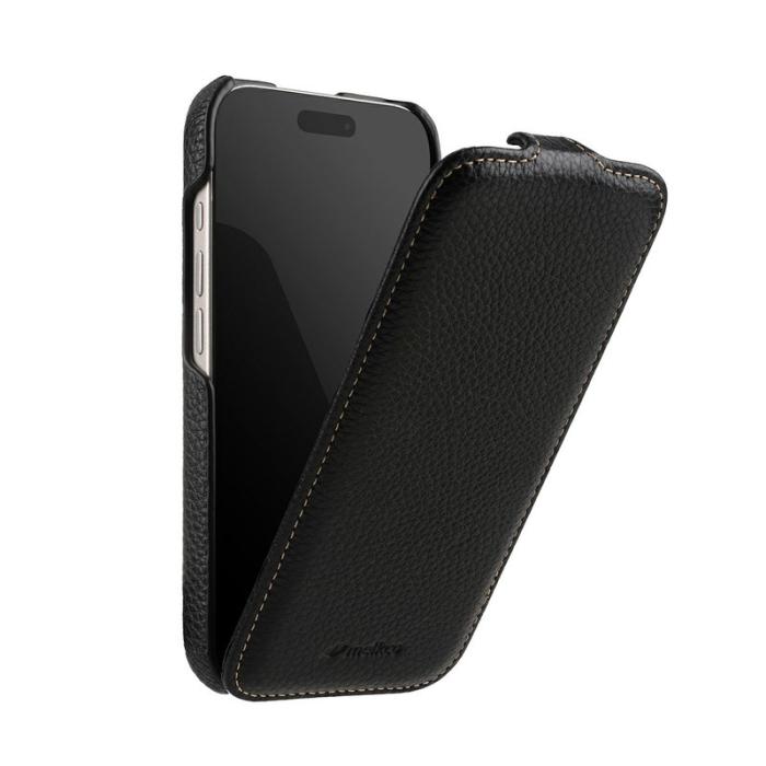 Melkco - MELKCO iPhone 15 Fodral MagSafe Vertikalt Flip Äkta Läder + PC - Svart