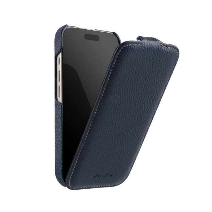 Melkco - MELKCO iPhone 15 Fodral MagSafe Vertikalt Flip Äkta Läder + PC - Blå