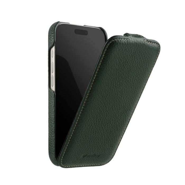 Melkco - MELKCO iPhone 15 Fodral MagSafe Vertikal Flip Äkta Läder + PC Grön