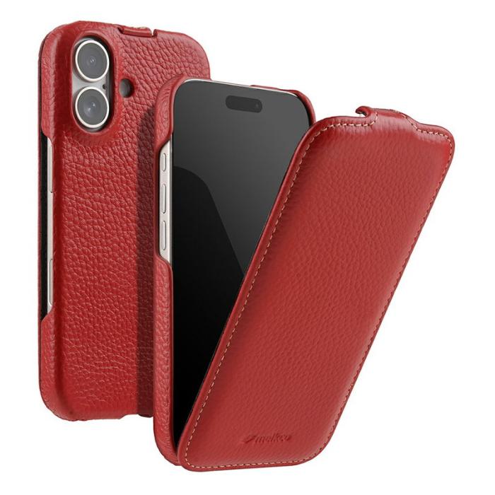 Melkco - MELKCO iPhone 15 Fodral MagSafe Vertikalt Flip Äkta Läder + PC Röd