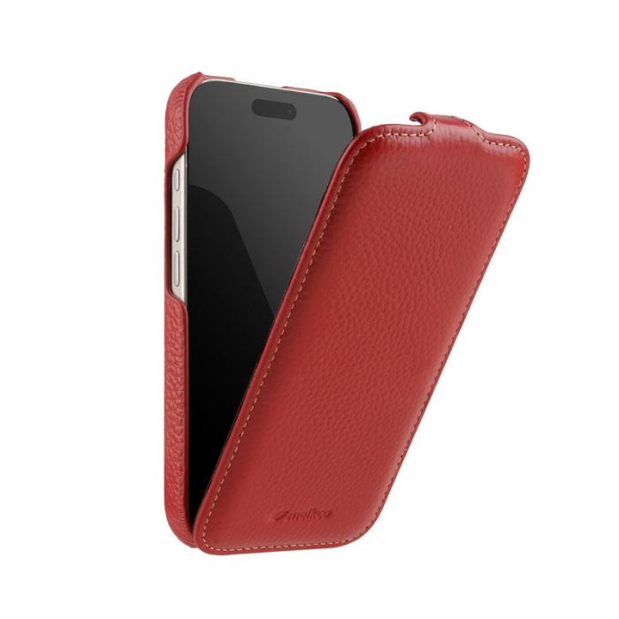 Melkco - MELKCO iPhone 15 Fodral MagSafe Vertikalt Flip Äkta Läder + PC Röd